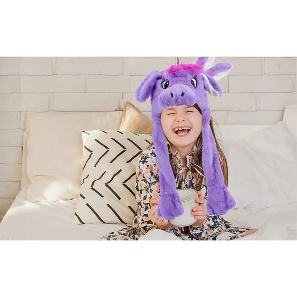 Kids Unicorn pueple Animal Hat with Ears Moving Jumping Pop Up Beating Plush